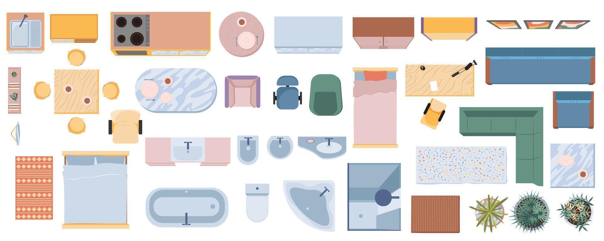 Furniture in top view mega set in flat graphic design. Collection elements of interior apartment plan with kitchen, bedroom, bathroom, living room, home office and other objects. Vector illustration.
