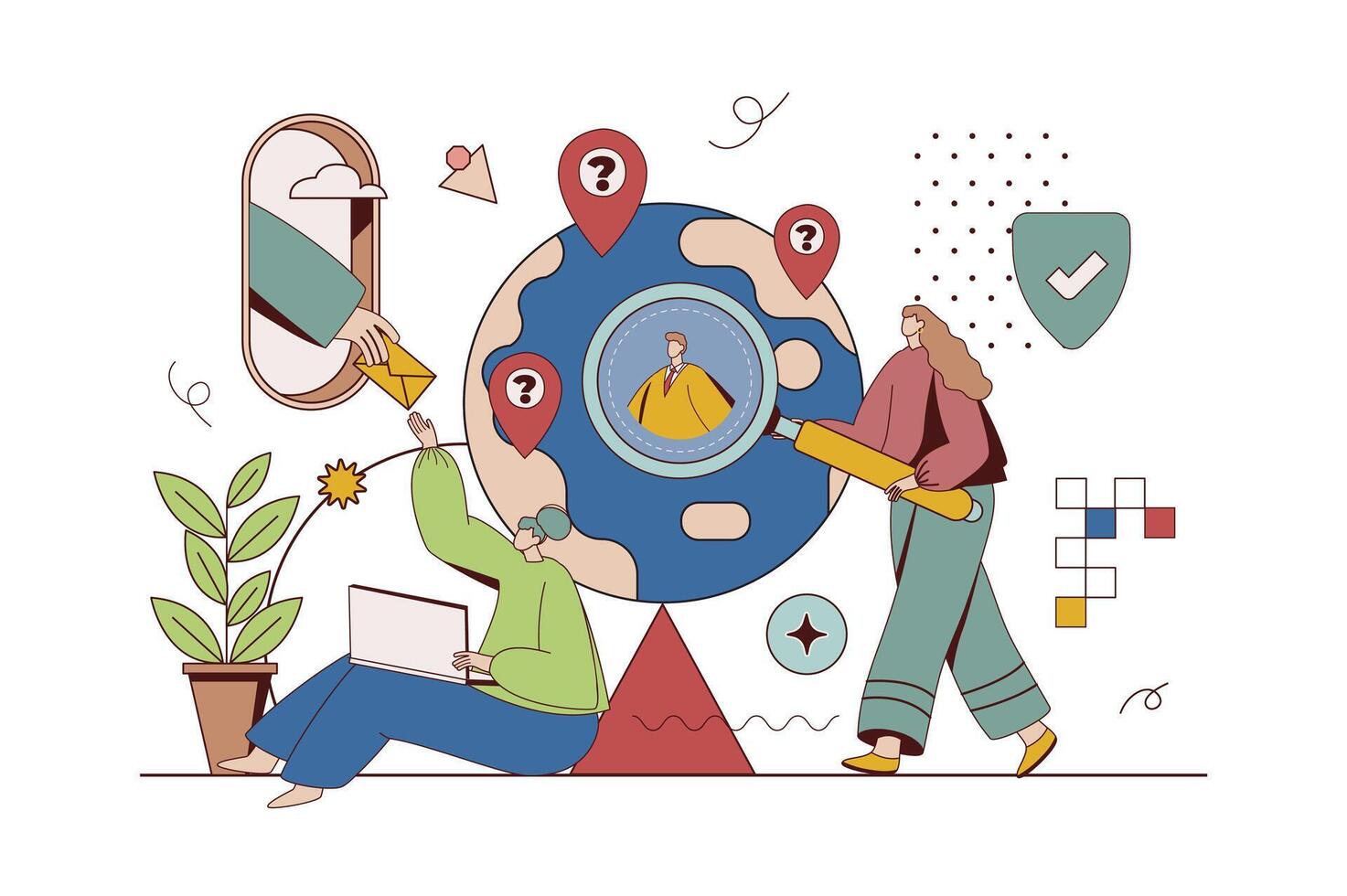 Outsourcing company concept with character situation in flat design. Women and men work remotely, receive tasks and do projects online using laptops. Vector illustration with people scene for web