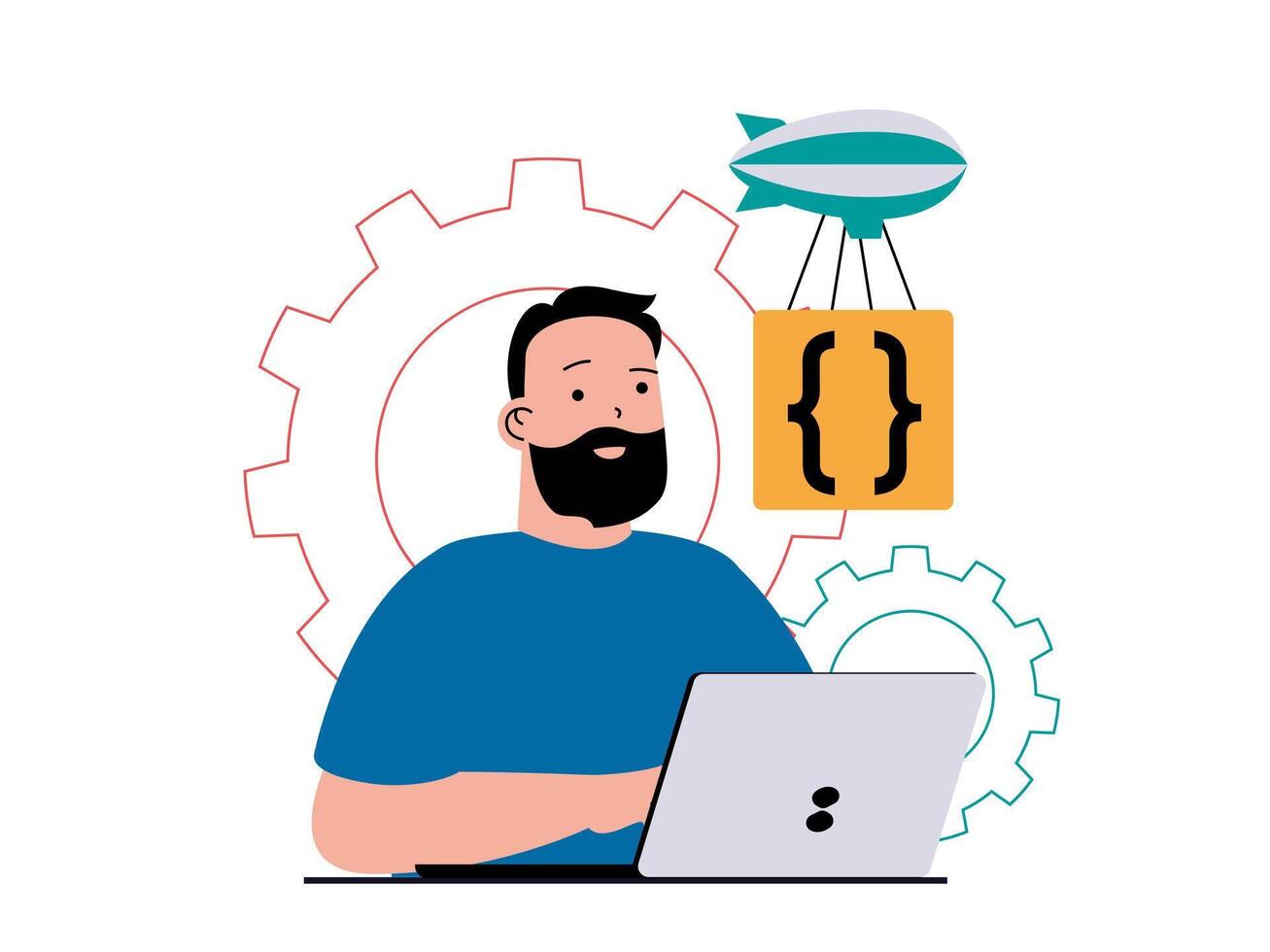 Programming software concept with character situation. Man working with program code on laptop, fixing bugs, testing and optimization. Vector illustration with people scene in flat design for web