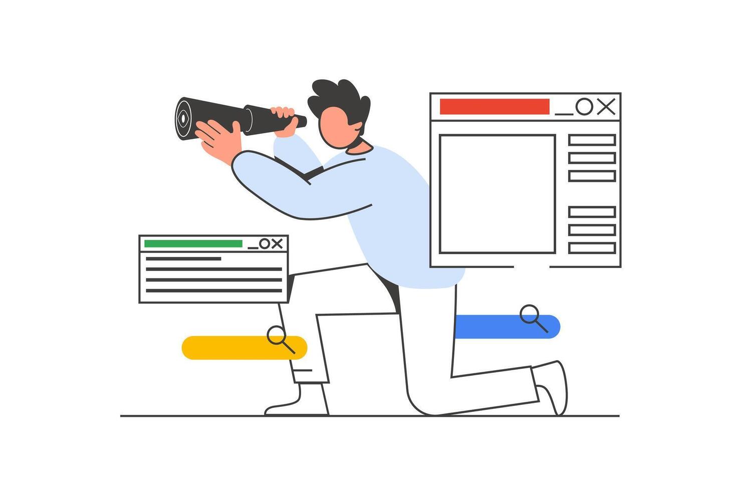 Searching opportunities outline web concept with character scene. Man looks into spyglass, choosing goal. People situation in flat line design. Vector illustration for social media marketing material.