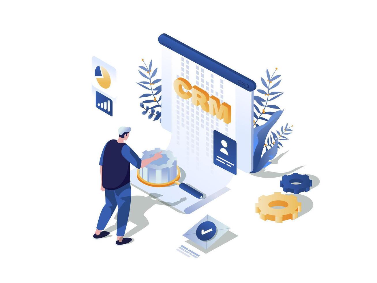 Customer relationship management concept 3d isometric web scene. People using CRM tools for planning strategy, data analyzing, working with database. Vector illustration in isometry graphic design