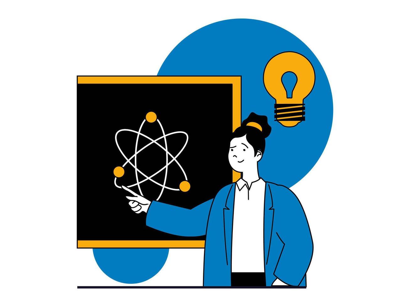 Education concept with character situation. Teacher points to atom structure and explains new material at physics lesson in classroom. Vector illustrations with people scene in flat design for web