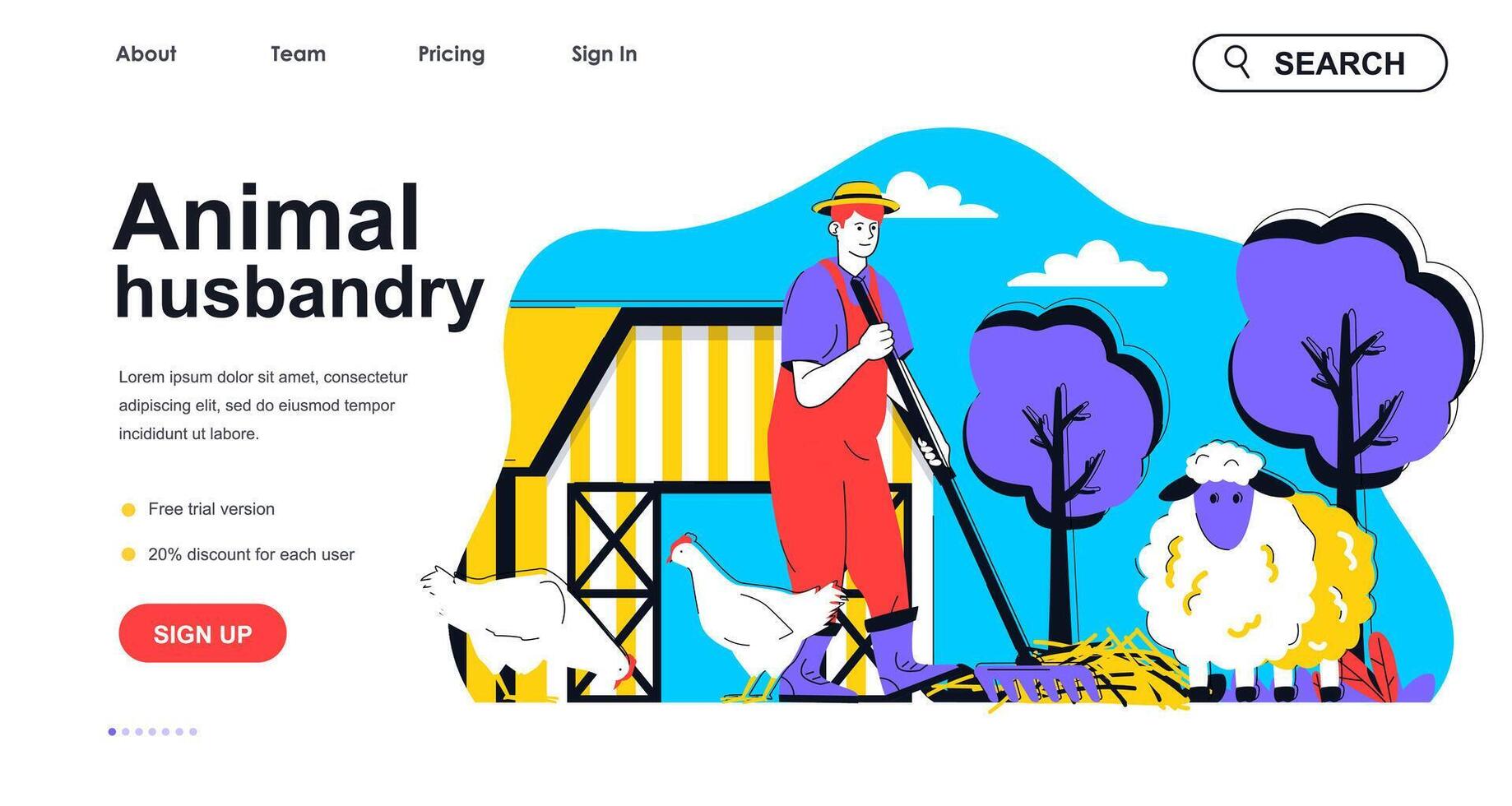 Animal husbandry concept for landing page template. Farmer breeds chickens and sheeps on farm. Poultry and livestock farming people scene. Vector illustration with flat character design for web banner