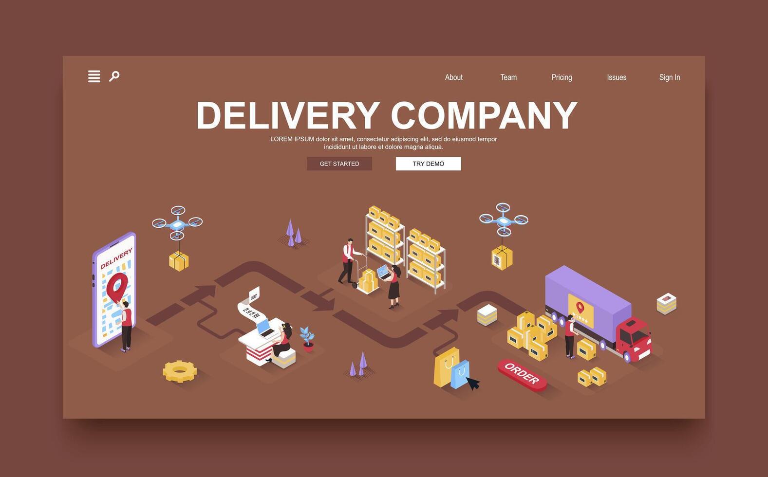 Delivery company concept 3d isometric landing page template. People order goods online and receive parcels, employees work in post warehouses. Vector illustration in isometry graphic design.