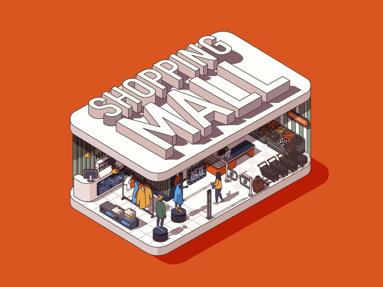 compras centro comercial concepto en 3d isométrica gráfico diseño. tienda con diferente departamentos, comprando ropa, supermercado verificar. vector ilustración con personas en isométrica habitación interior para web bandera