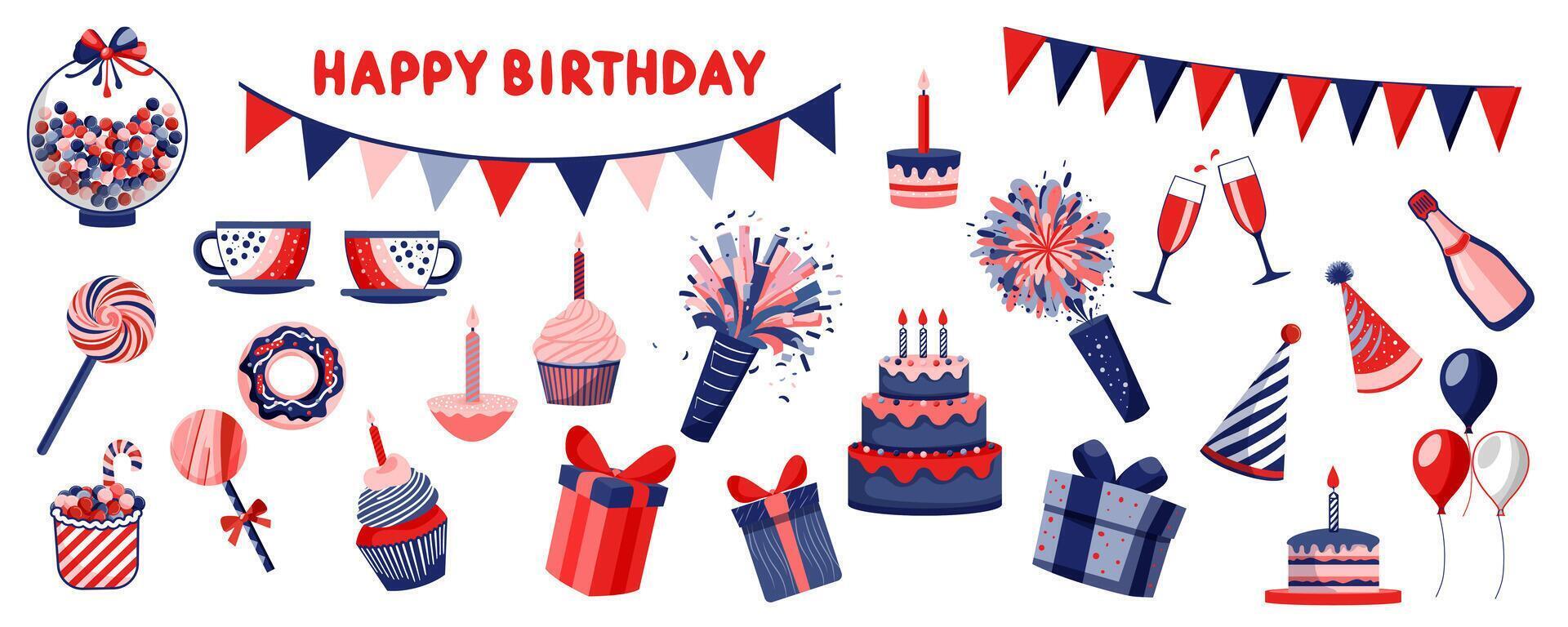 Happy birthday mega set in flat graphic design. Bundle elements of garlands, cakes with candles, celebration cupcake, champagne, festive hats, candy, gifts, other. Vector illustration isolated objects