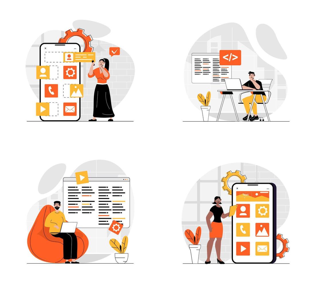 UI UX development concept with character set. Collection of scenes people creating user interface layouts, working with programming code and making mobile app. Vector illustrations in flat web design