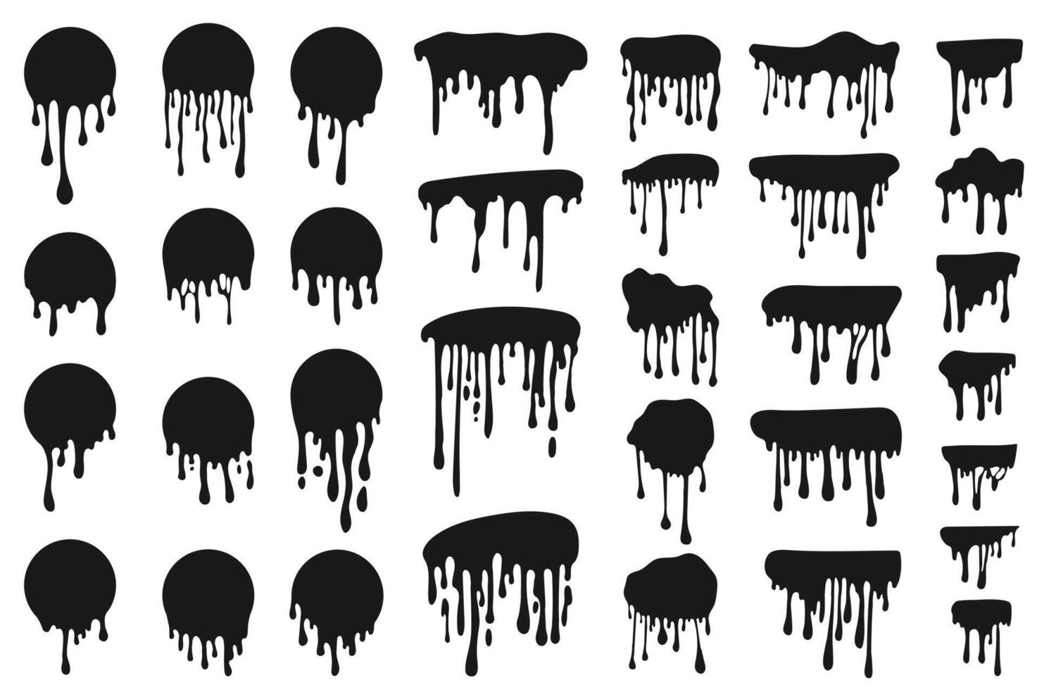 Dripping black ink set graphic elements in flat design. Bundle of different spots with flowing drops of round shape and border templates, liquid paint stains. Vector illustration isolated objects