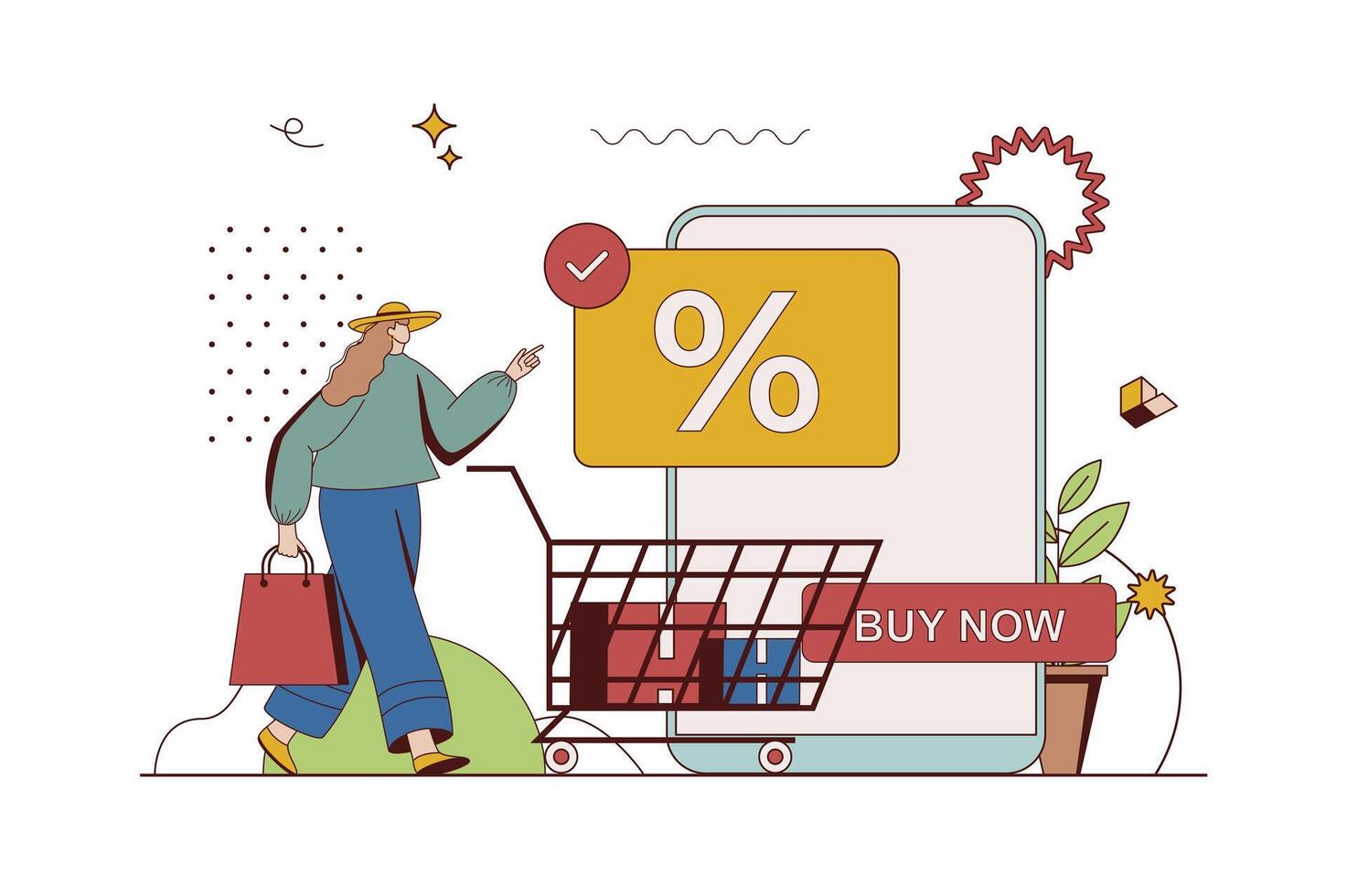 Commerce concept with character situation in flat design. Woman making purchases at discount prices, buying groceries in supermarket, online shopping. Vector illustration with people scene for web