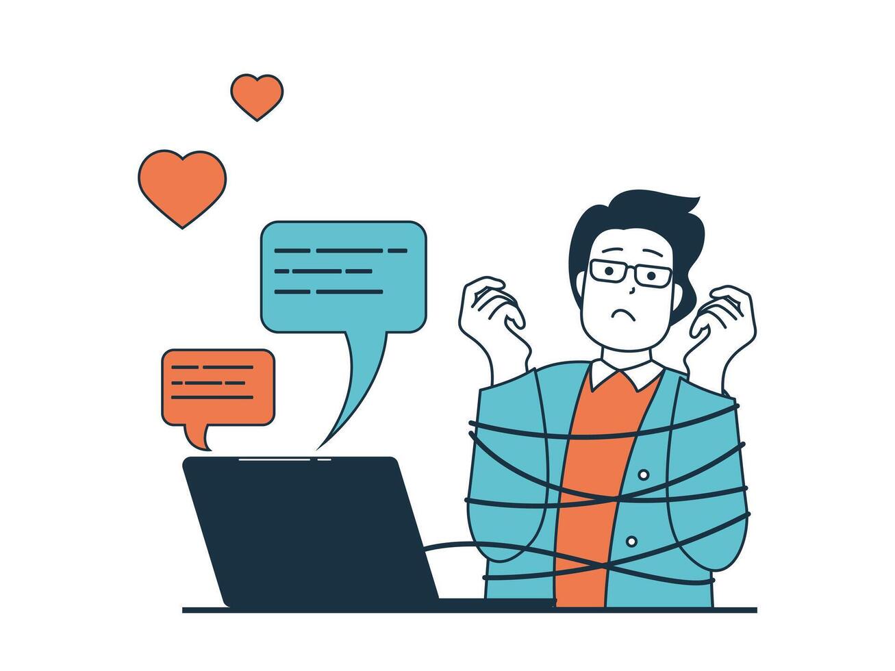 Internet addiction concept with character situation. Man has unhealthy addiction to online chatting and is tied with ropes to laptop. Vector illustration with people scene in flat design for web
