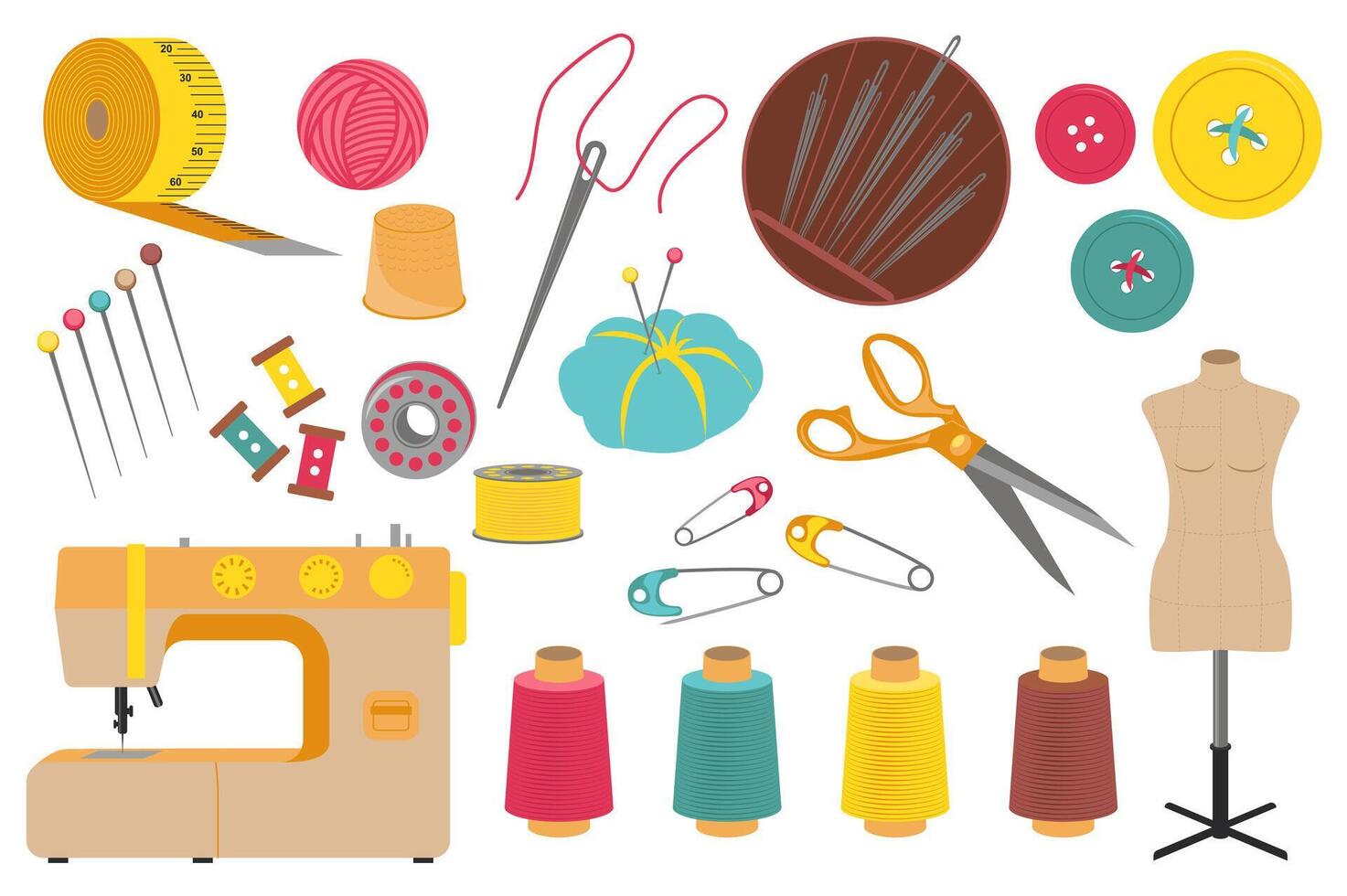 Sewing tools set graphic elements in flat design. Bundle of measuring tape, sew machine, thread, thimble, needle, buttons, pins, scissors, mannequin and other. Vector illustration isolated objects