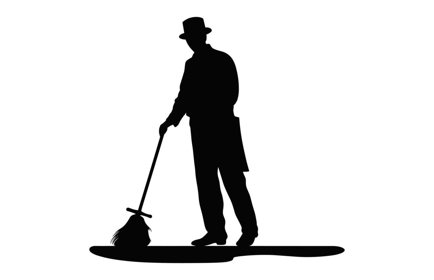 Cleaning Man Silhouette isolated on a white background, Sweeper boy Black and White Vector, Male Cleaner black Clipart vector