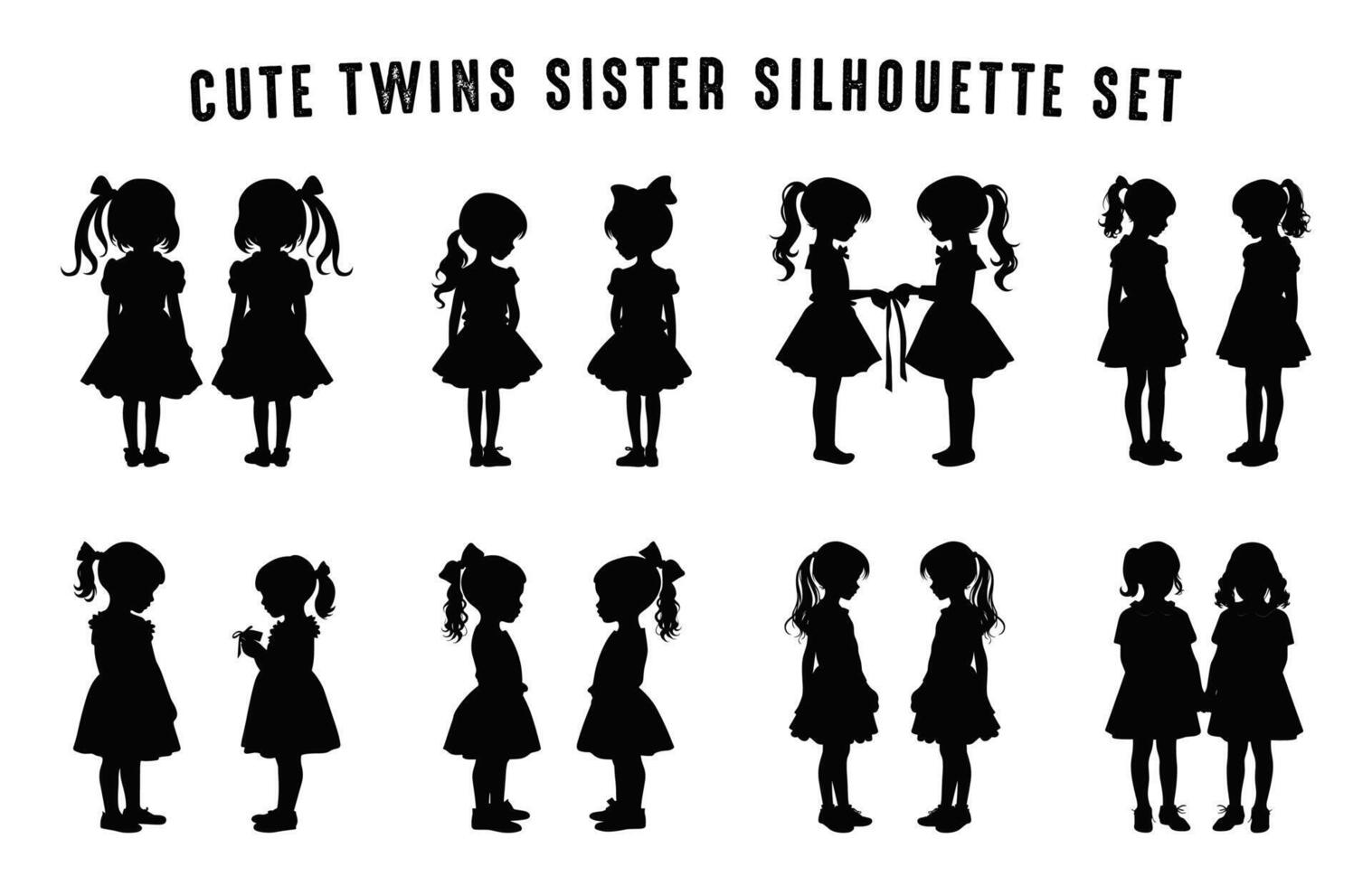 Twins Girls Silhouettes black Clipart bundle, Cute Twin Sister Silhouette Vector Set