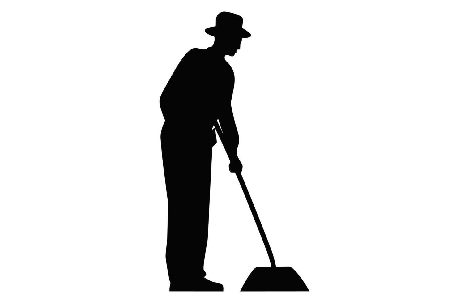Cleaning Man Silhouette isolated on a white background, Sweeper boy Black and White Vector, Male Cleaner black Clipart vector