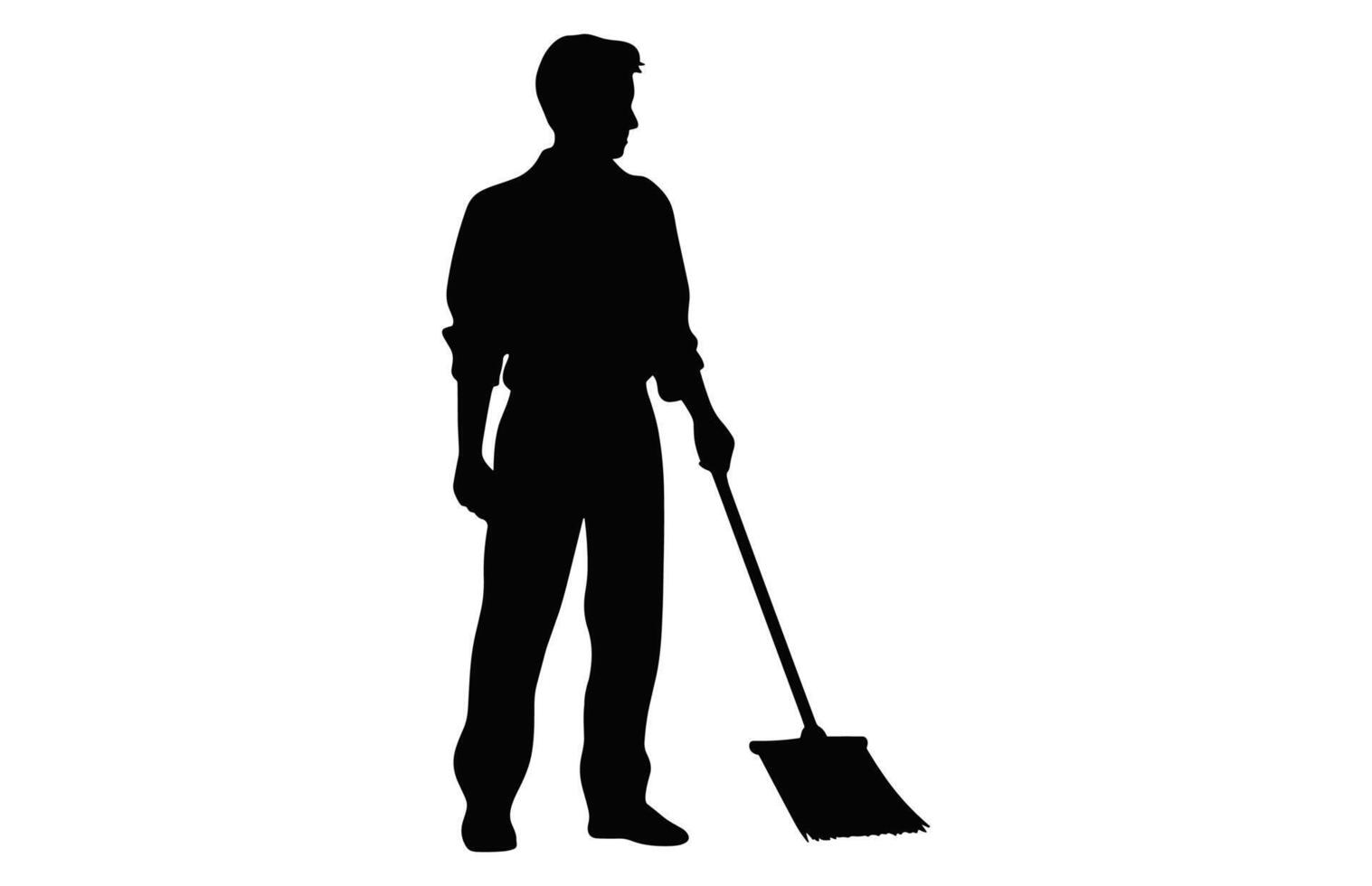 Cleaning Man Silhouette isolated on a white background, Sweeper boy Black and White Vector, Male Cleaner black Clipart vector