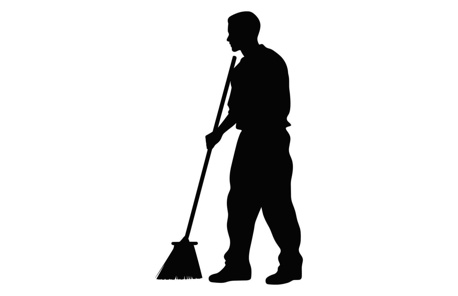 Cleaning Man Silhouette isolated on a white background, Sweeper boy Black and White Vector, Male Cleaner black Clipart vector