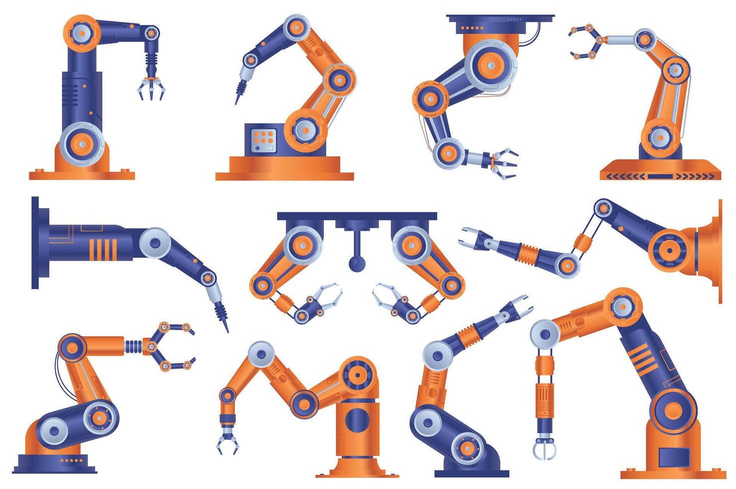 Industrial robot arms set graphic elements in flat design. Bundle of automatic robotic manipulators hands for working at conveyor line of assembly factory. Vector illustration isolated objects