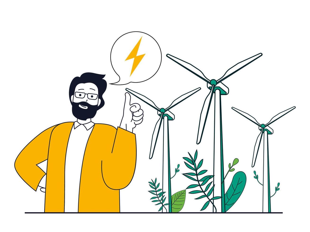 verde energía concepto con personaje situación. hombre usos viento turbinas a generar electricidad, alternativa y ecológico energía fuentes. vector ilustración con personas escena en plano diseño para web