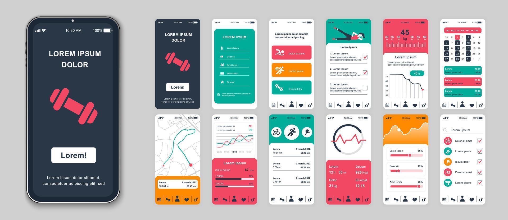 Fitness mobile app screens set for web templates. Pack of login, different trainings, progress statistics, running tracking, other mockups. UI, UX, GUI user interface kit for layouts. Vector design