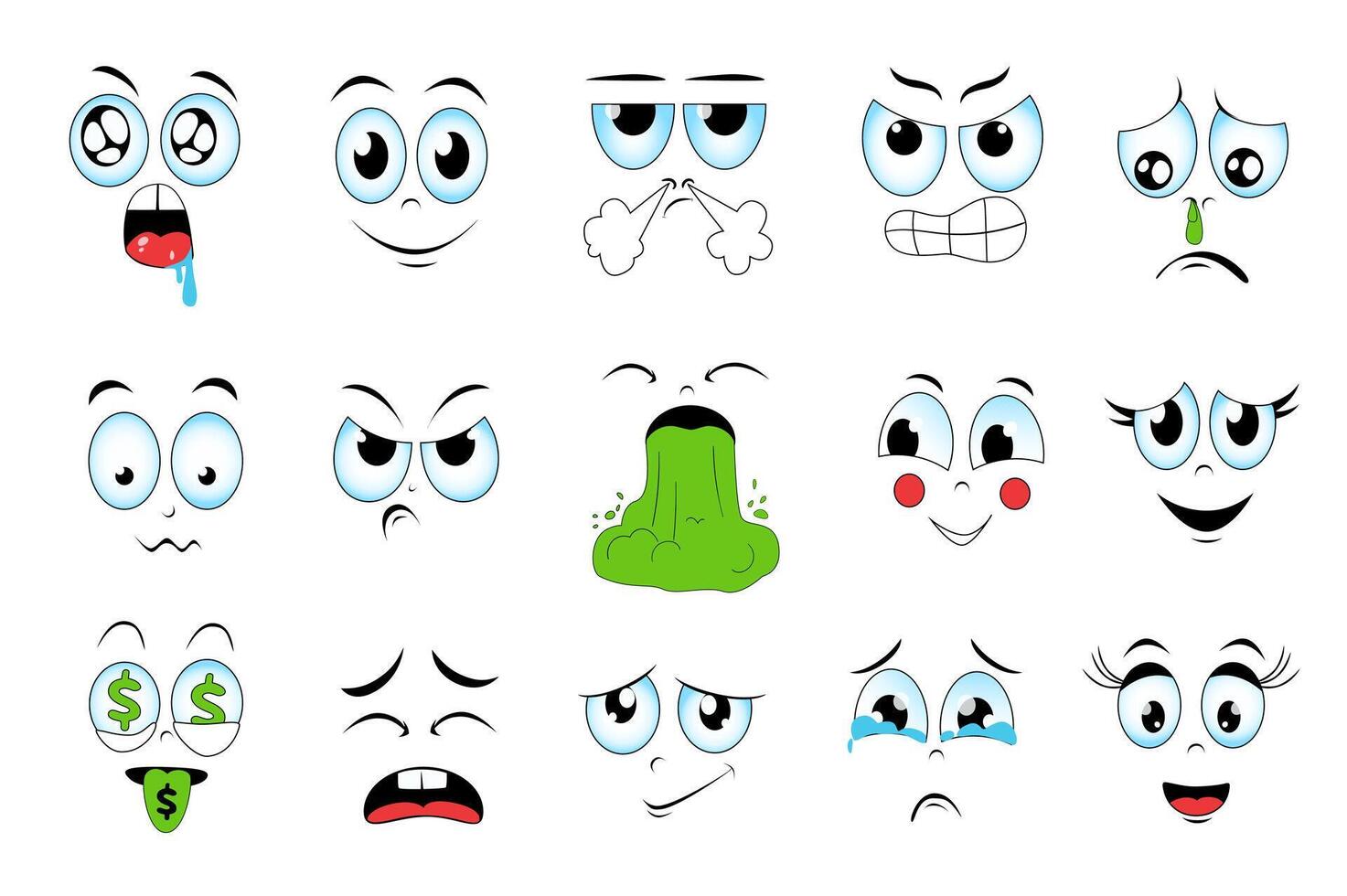 Faces expressing different emotions set graphic elements in flat design. Bundle of smiling, drooling, angry, aggressive, sick, sad, vomiting and other comic faces. Vector illustration isolated objects