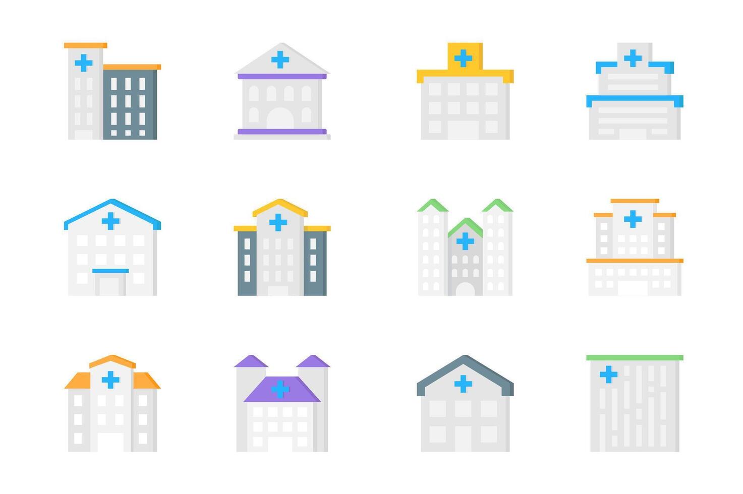 Hospital buildings 3d icons set. Pack flat pictograms of different types of exterior clinics, medical center, pharmacy, ambulance and other constructions. Vector elements for mobile app and web design