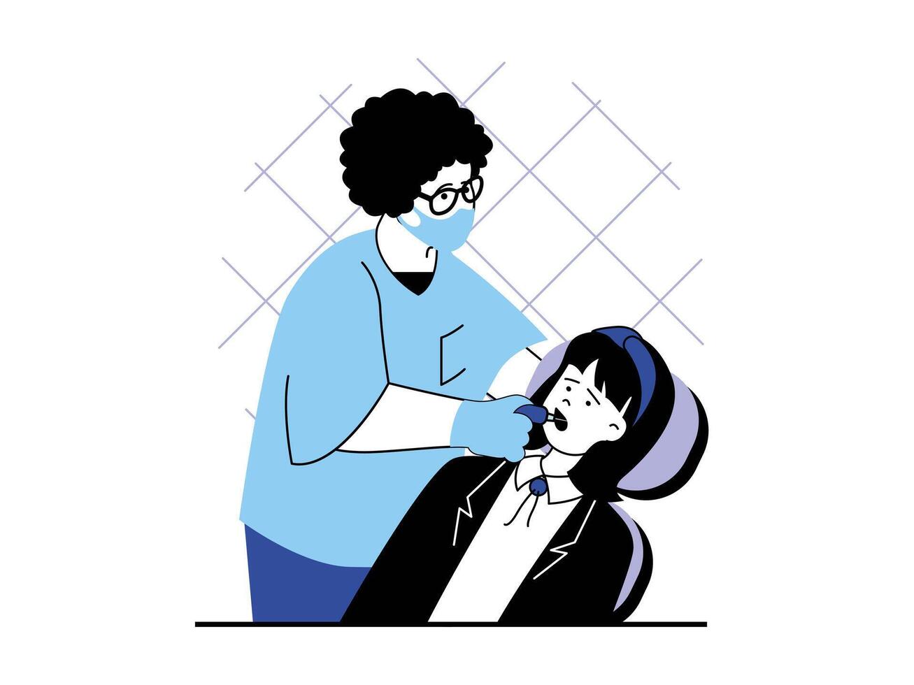 Medical concept with character situation. Dentist examines patient oral cavity, treats teeth. Woman visiting doctor in stomatology cabinet. Vector illustration with people scene in flat design for web