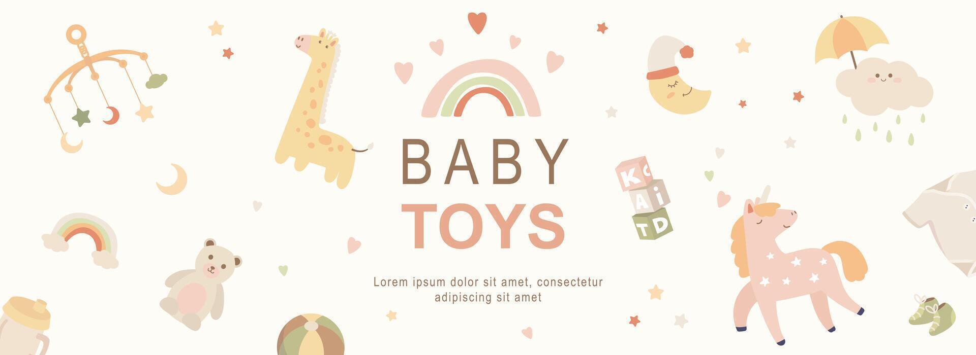 Baby toys horizontal web banner. Kids rainbow, bottle, teddy bear, crescent moon, unicorn, bodysuit and other newborn elements. Vector illustration for header website, cover templates in modern design