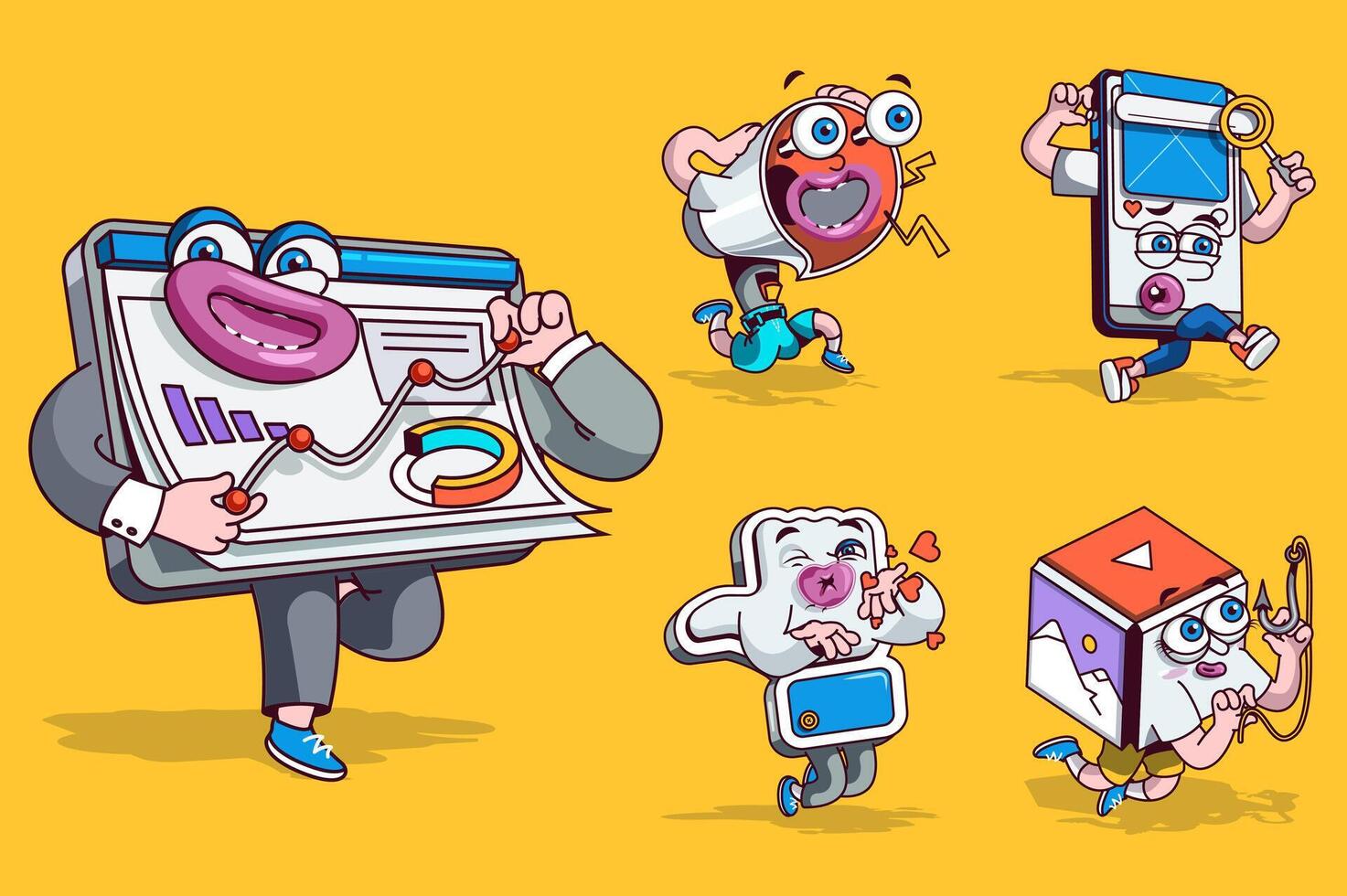 Marketing concept with 3d cute cartoon characters set. Funny avatars of data analysis report, megaphone, networking smartphone, like and promo content. Vector illustration with comic mascots design
