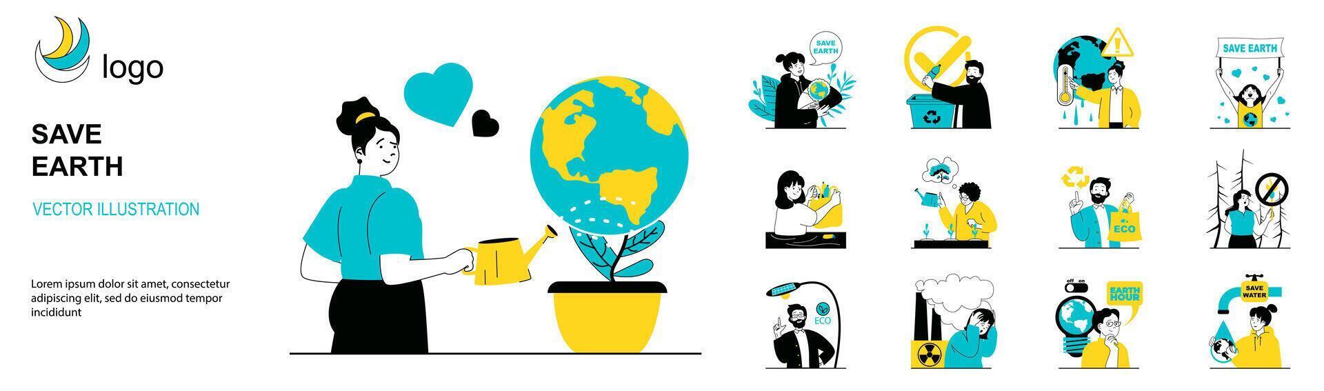 Save Earth concept with character situations collection. Bundle of scenes people activists and eco volunteers separate garbage, protect nature, care for planet. Vector illustrations in flat web design