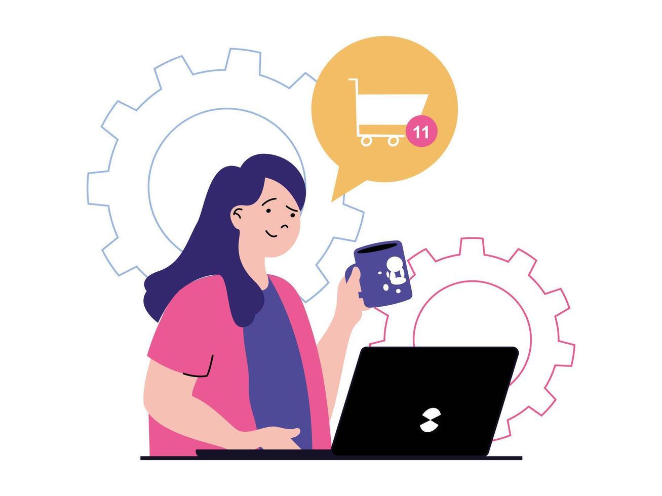 Shopping concept with character situation. Woman ordering food or other goods in online store or supermarket, makes purchases and paying. Vector illustration with people scene in flat design for web