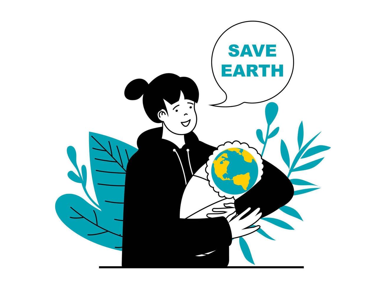 Save Earth concept with character situation. Woman mother hugs sweet earth and presses to herself, protects and preserves nature and world. Vector illustration with people scene in flat design for web