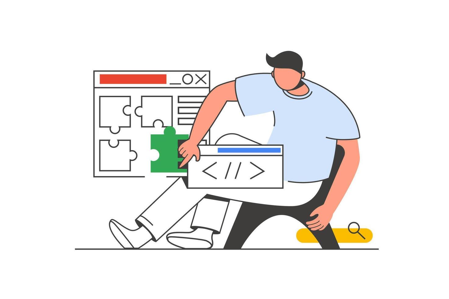 App development outline web concept with character scene. Man creates software and building programs. People situation in flat line design. Vector illustration for social media marketing material.