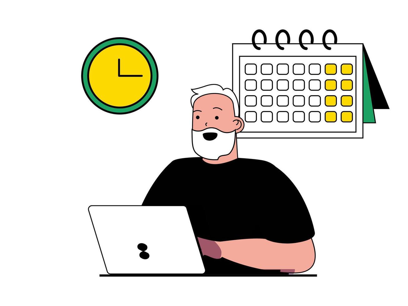 Productivity workplace concept with character situation. Man plans daily tasks on calendar and working effectively until deadline time. Vector illustration with people scene in flat design for web