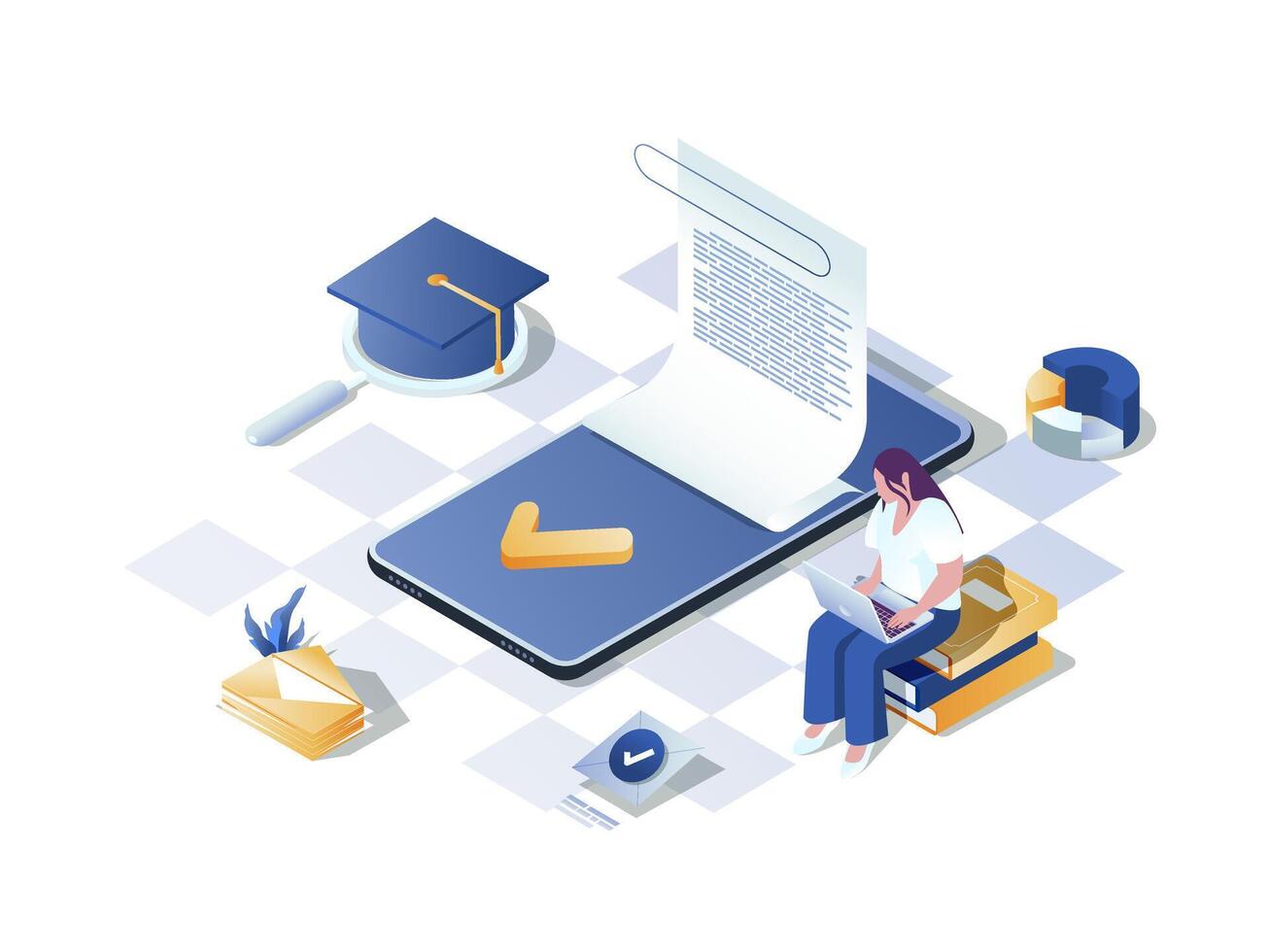 Learning management system concept 3d isometric web scene. People studying at online courses platform and using different software and training services. Vector illustration in isometry graphic design