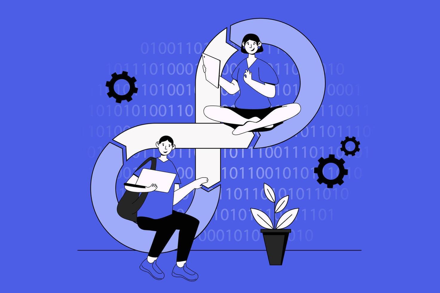 Devops web concept with character scene in flat design. People