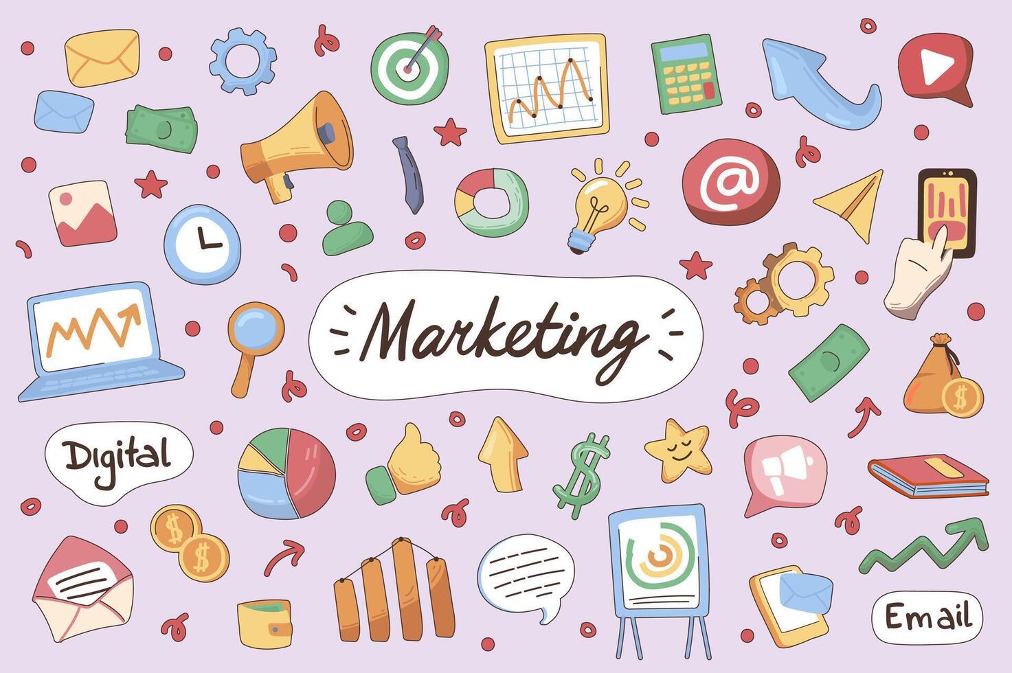 Marketing cute stickers set in flat cartoon design. Collection of strategy, megaphone, data analysis, diagram, email, laptop, target and other. Vector illustration for planner or organizer template
