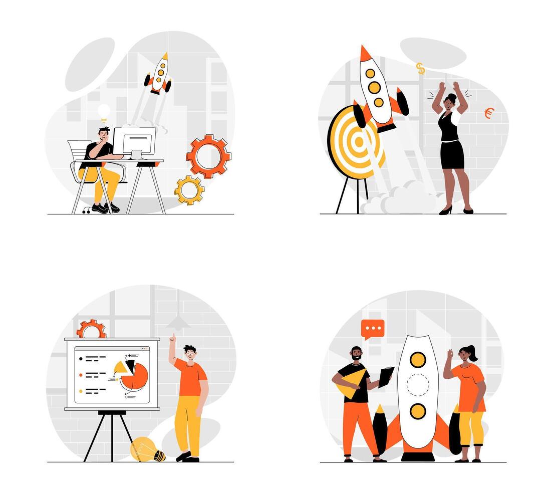 Business startup concept with character set. Collection of scenes people analyze financial data, creating success strategy, investing in project development. Vector illustrations in flat web design