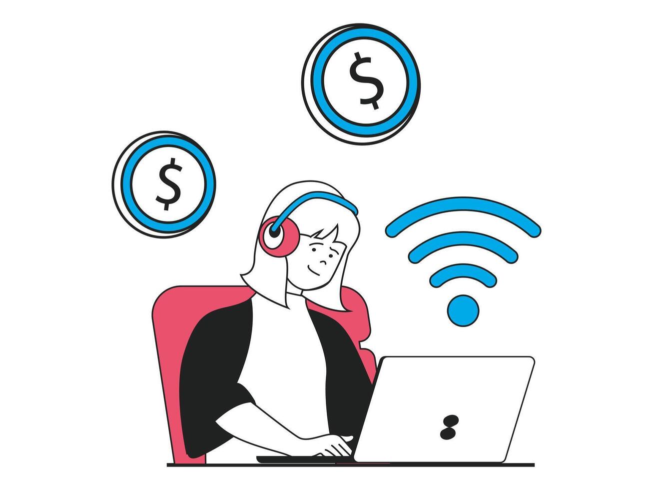 Freelance concept with character situation. Woman freelancer in headphones works at laptop and earns money on Internet from home office. Vector illustration with people scene in flat design for web