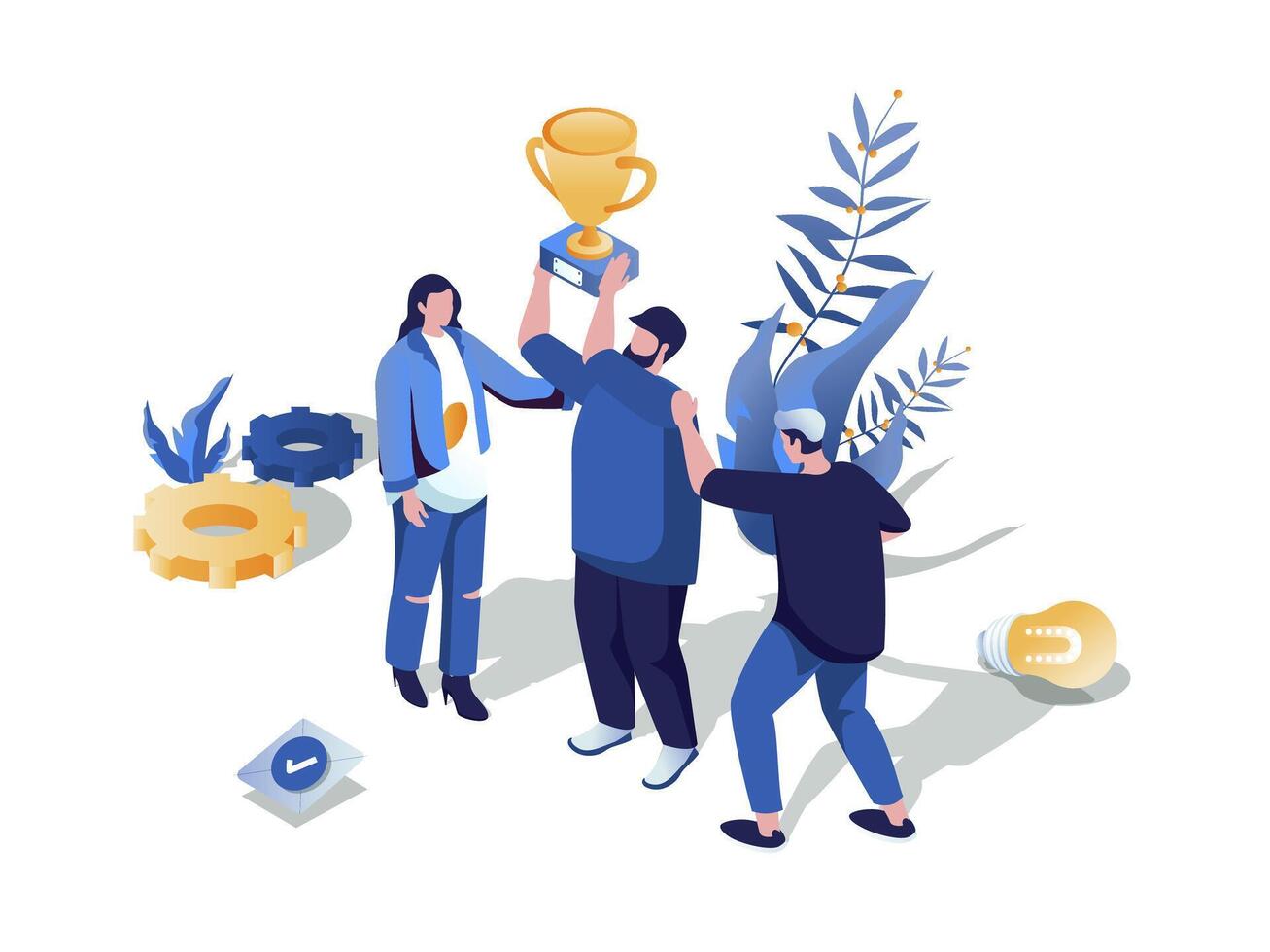 Support in team concept 3d isometric web scene. People working together and achieving career goals, winning trophy cup, partnership and leadership. Vector illustration in isometry graphic design