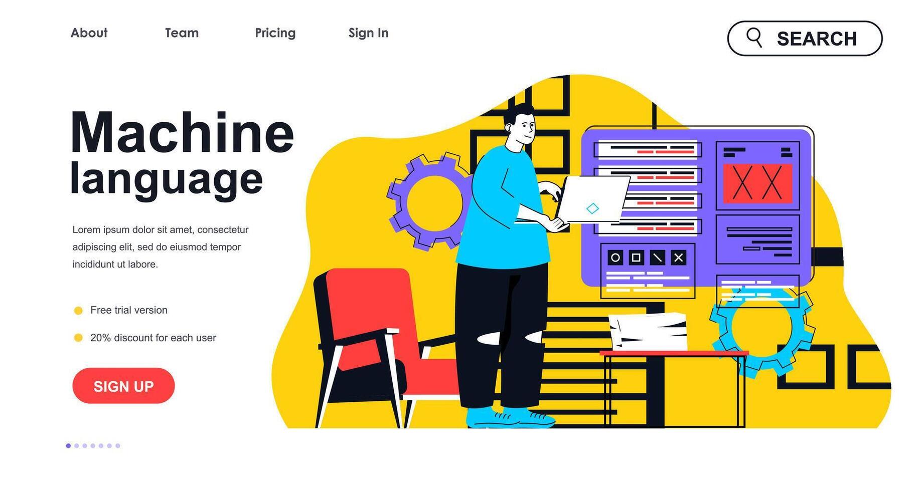 Machine language concept for landing page template. Programmer gives instruction and works on laptop. Software development people scene. Vector illustration with flat character design for web banner