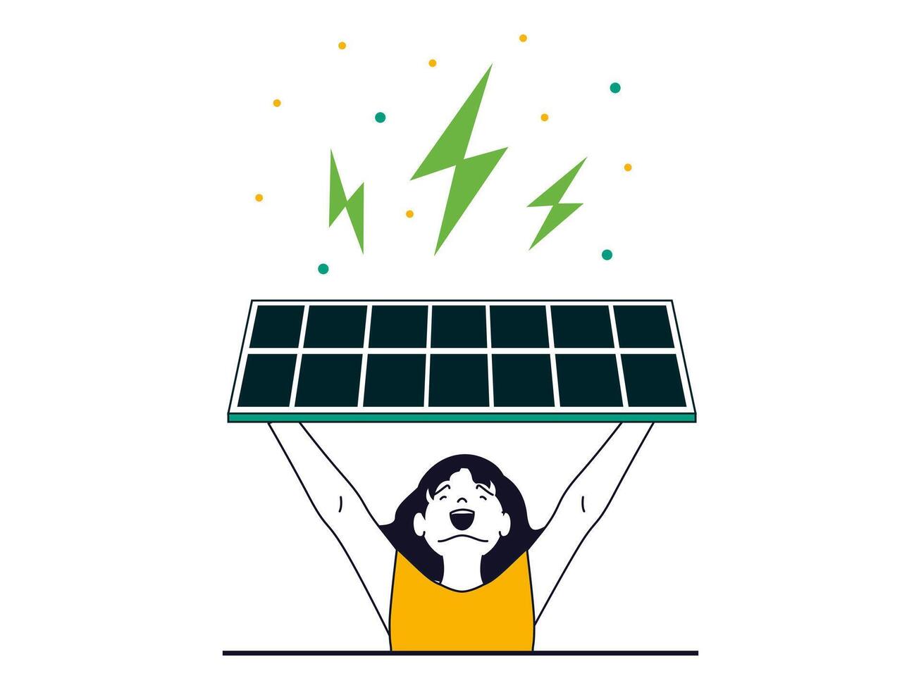 verde energía concepto con personaje situación. contento mujer usos eco solar paneles a generar electricidad, alternativa energía fuentes. vector ilustración con personas escena en plano diseño para web