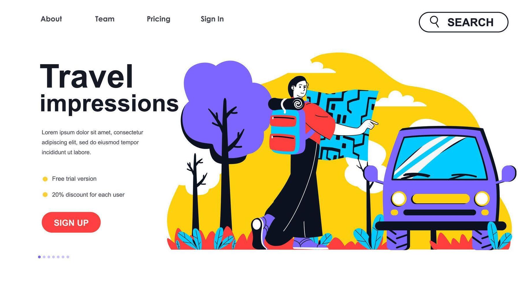 Travel impressions concept for landing page template. Woman with backpack and map goes on trip by car. Vacation and tourism people scene. Vector illustration with flat character design for web banner