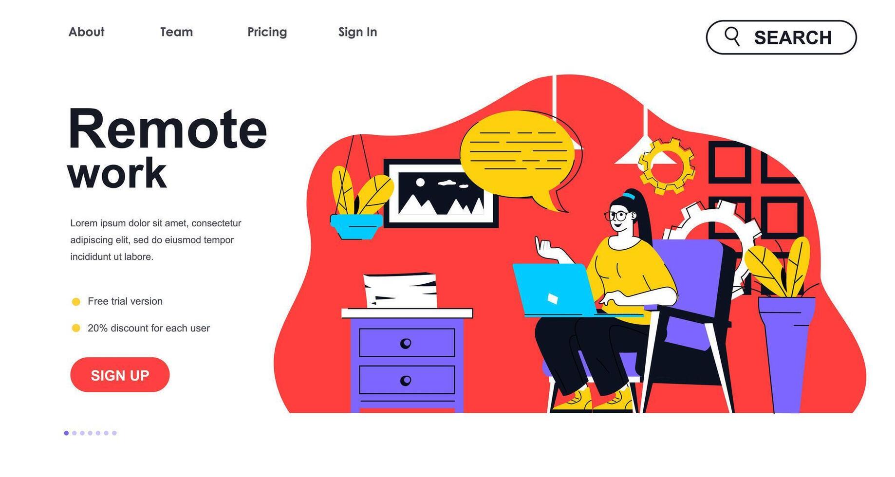 Remote work concept for landing page template. Woman working with laptop and communicates online. Freelancer workplace people scene. Vector illustration with flat character design for web banner