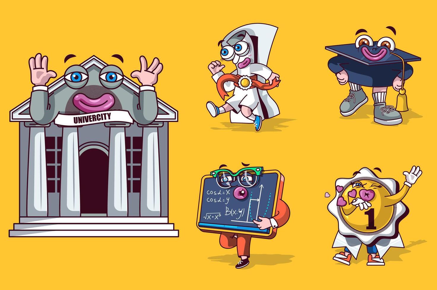 Study concept with 3d cute cartoon characters set. Funny avatars of university building, diploma certificate, graduation cap, blackboard, medal first win. Vector illustration with comic mascots design