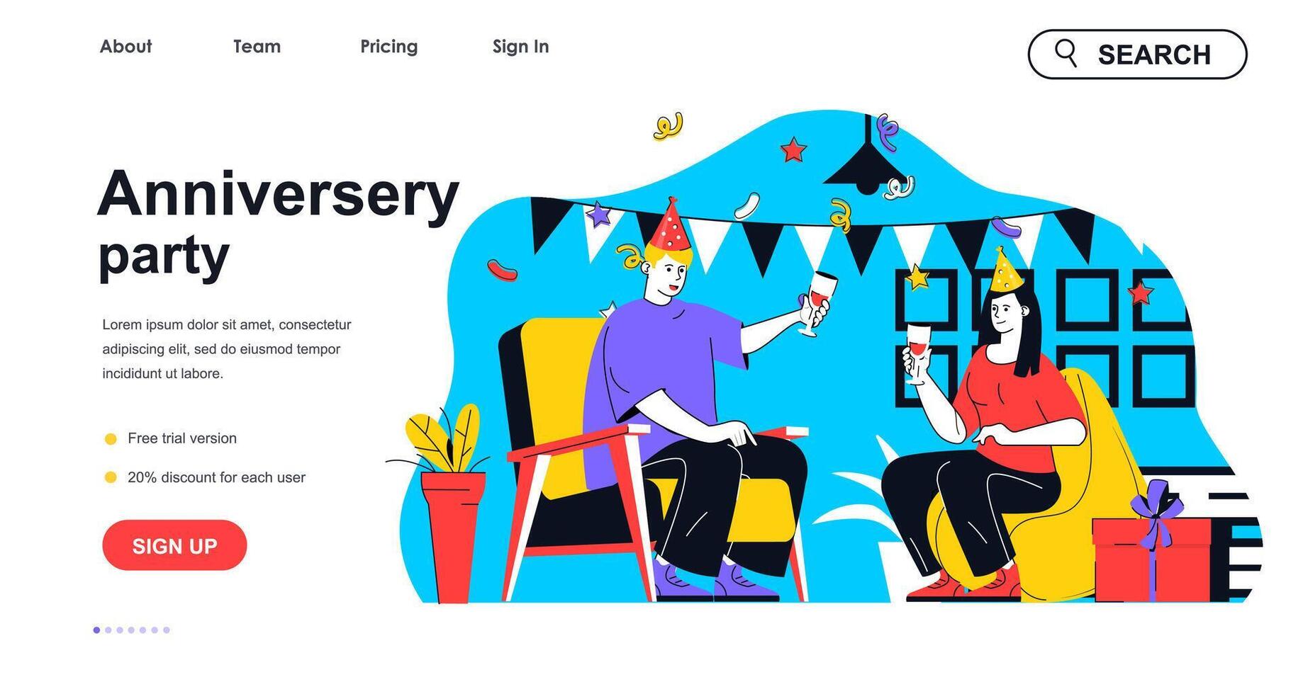 Anniversary party concept for landing page template. Man and woman cheers and celebrates holiday at home. Festive event people scene. Vector illustration with flat character design for web banner