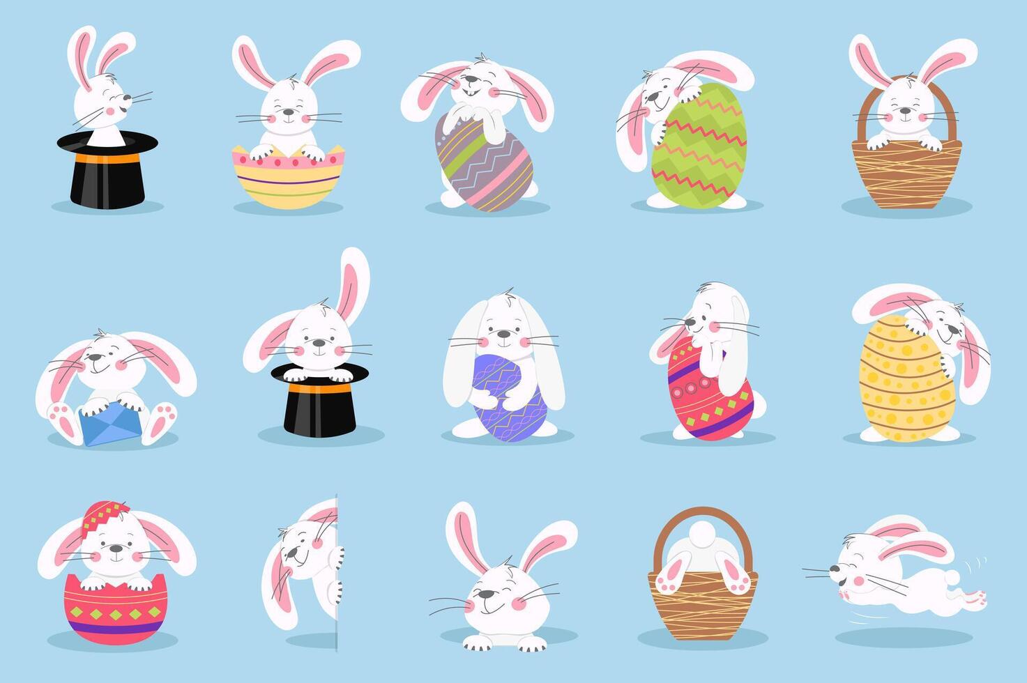 Easter bunny set graphic elements in flat design. Bundle of cute white rabbits holding colorful eggs with different festive patterns, sit in black hats or baskets. Vector illustration isolated objects