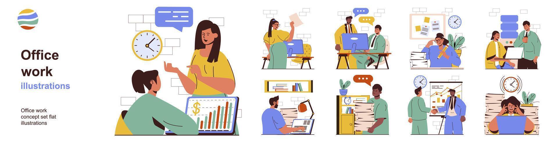 Office work concept with character situations collection. Bundle of scenes people collaborating and completing tasks, doing paperwork, discussing projects. Vector illustrations in flat web design
