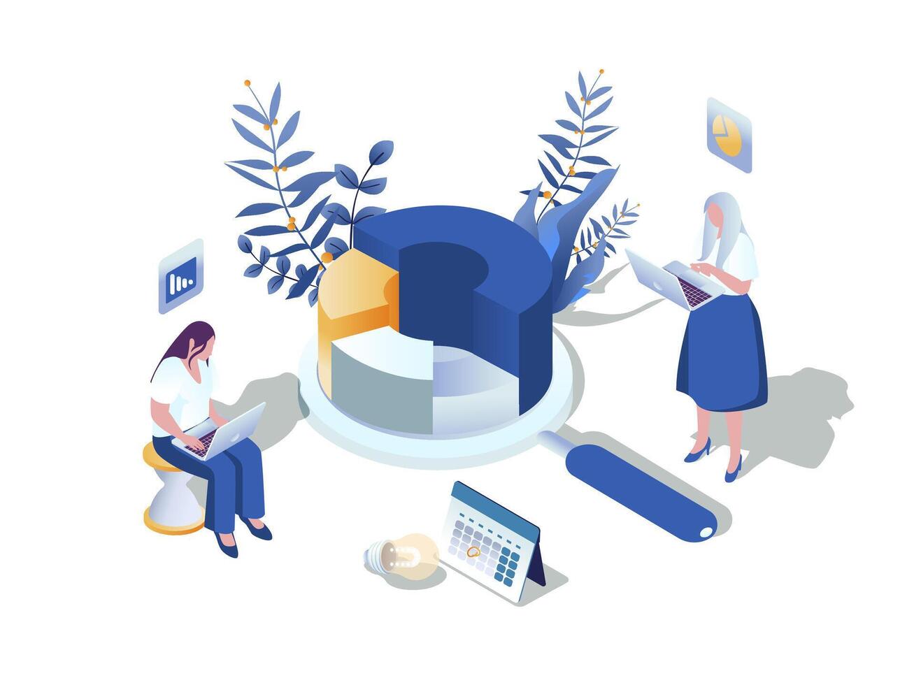 Big data analytics concept 3d isometric web scene. People working with statistics data and diagram, researches marketing graph and chart, making report. Vector illustration in isometry graphic design