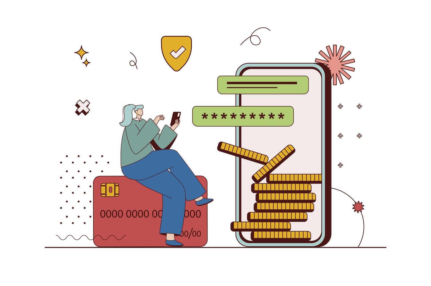 Mobile banking concept with character situation in flat design. Woman making online money transfers and secure purchase transactions using mobile app. Vector illustration with people scene for web