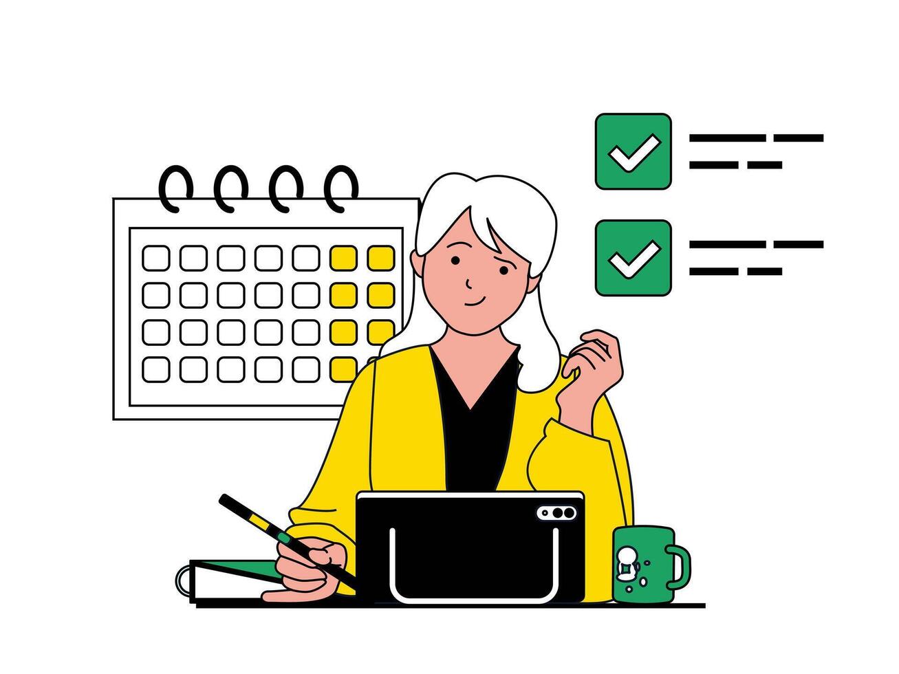 Productivity workplace concept with character situation. Woman plans tasks on calendar and successfully completes tasks before deadline. Vector illustration with people scene in flat design for web